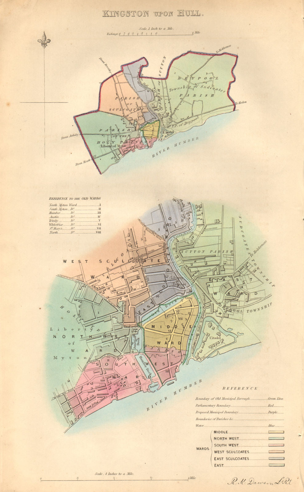 KINGSTON-UPON-HULL borough/town/city plan. BOUNDARY COMMISSION. DAWSON 1837 map